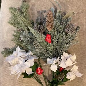 White Poinsettia & Frosted Evergreens Stems Bundle - Festive Home Holiday Decor